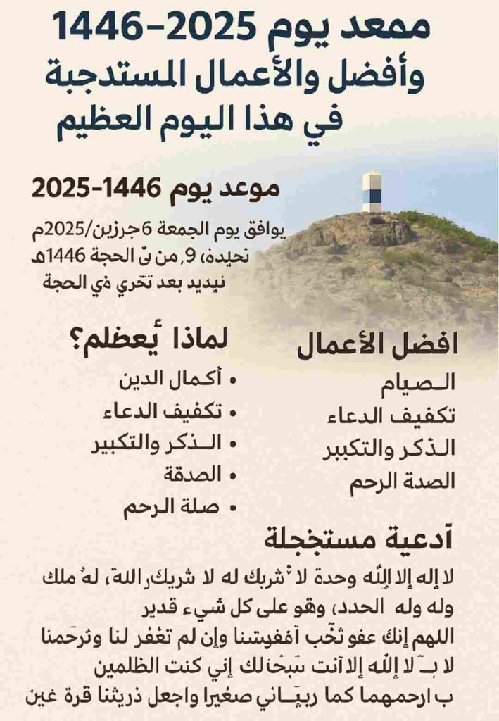 موعد يوم عرفة 2025-1446 وأفضل الأعمال والأدعية المستجابة في هذا اليوم العظيم